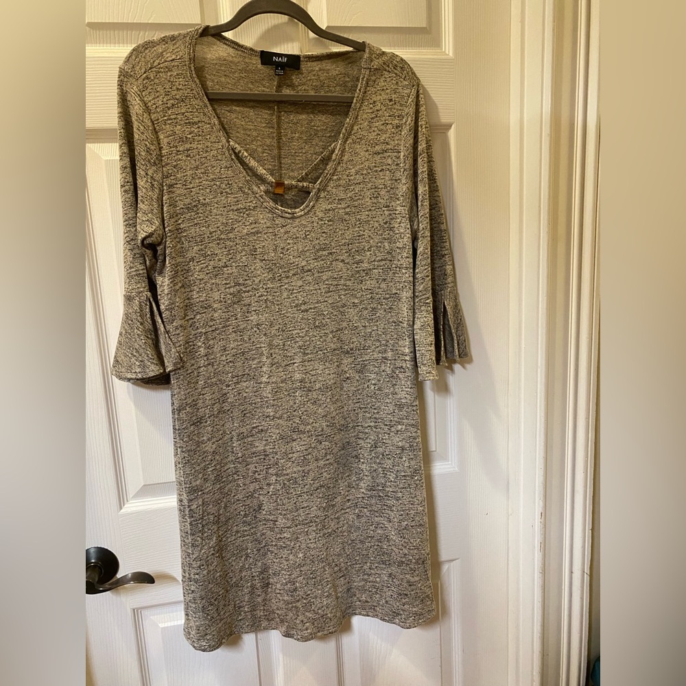 NAIF Heathered beige  Long Sleeve Shift Dress with Flared Cuffs